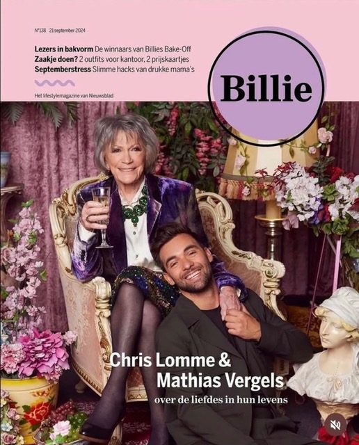 Cover van magazine Billie met Chris Lomme en Mathias Vergels; Chris Lomme draagt een juweel van Mariska.